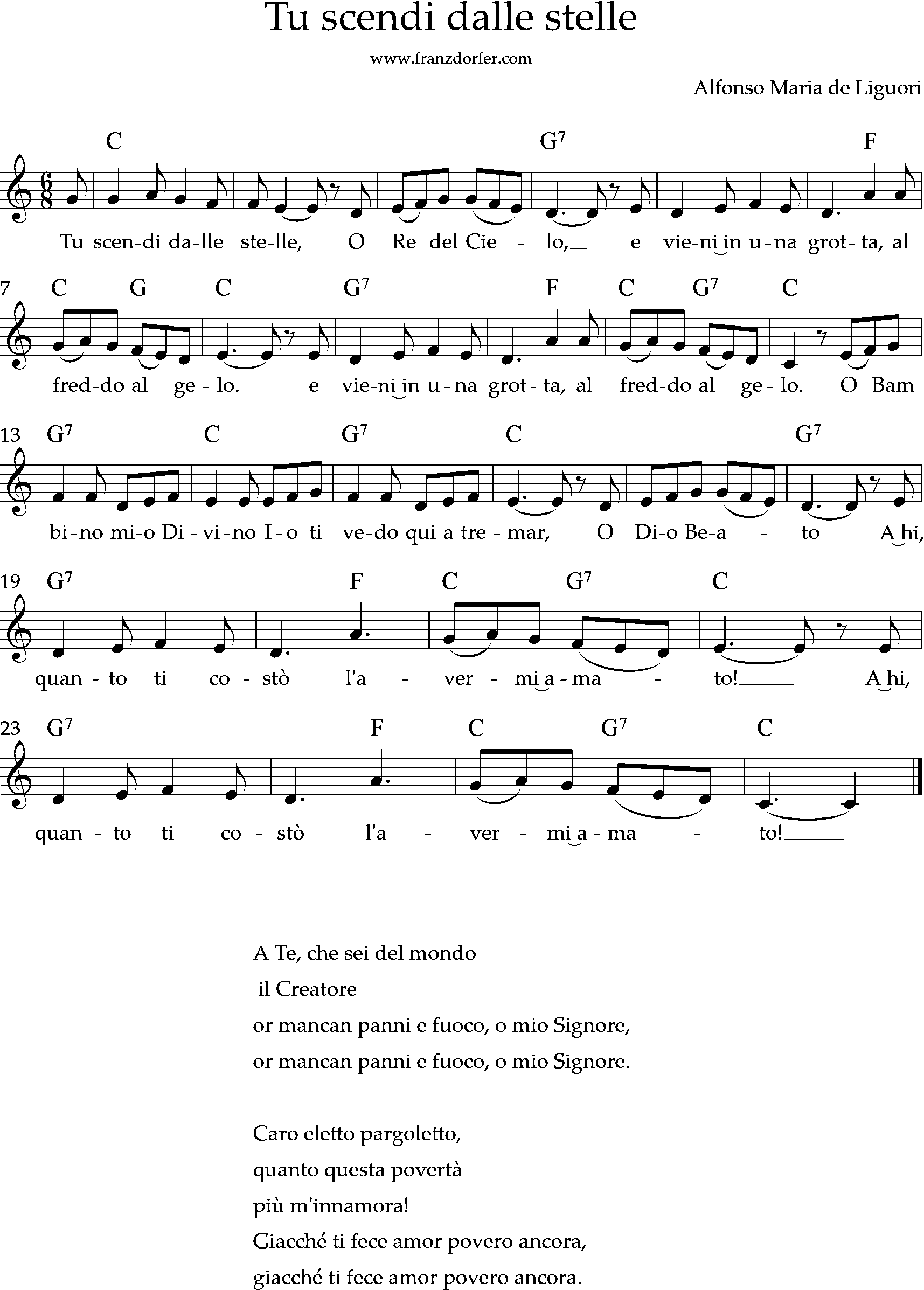 Tu scendi dalle stelle, chords leadsheet, C-Major, Tu scendi dalle stelle